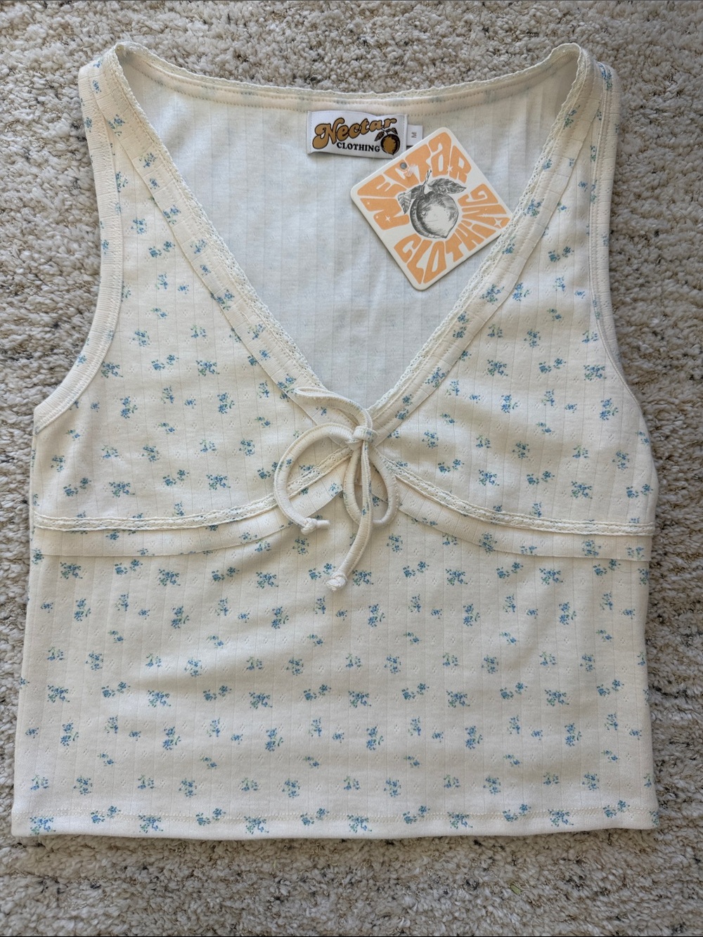 Nectar Clothing Cream Floral Tie-Front Ribbed Tank